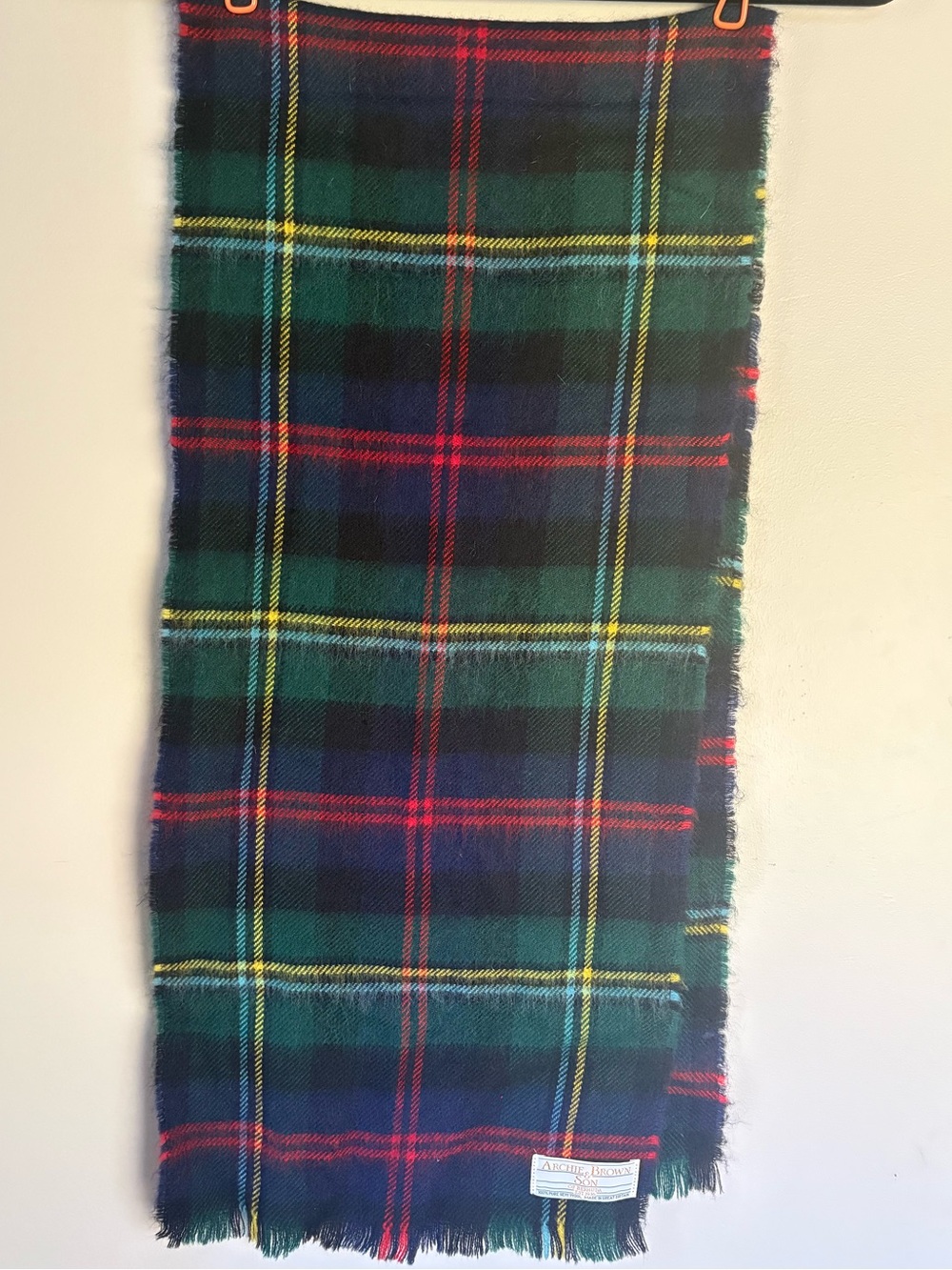 Archie Brown & Son Wool Plaid Fringe Scarf Navy Green British Made